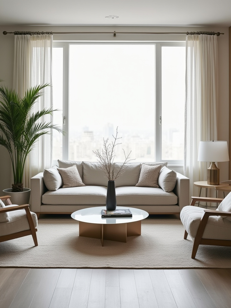 A modern living room showing a perfectly positioned rectangular coffee table with optimal spacing for conversation and clear pathways.