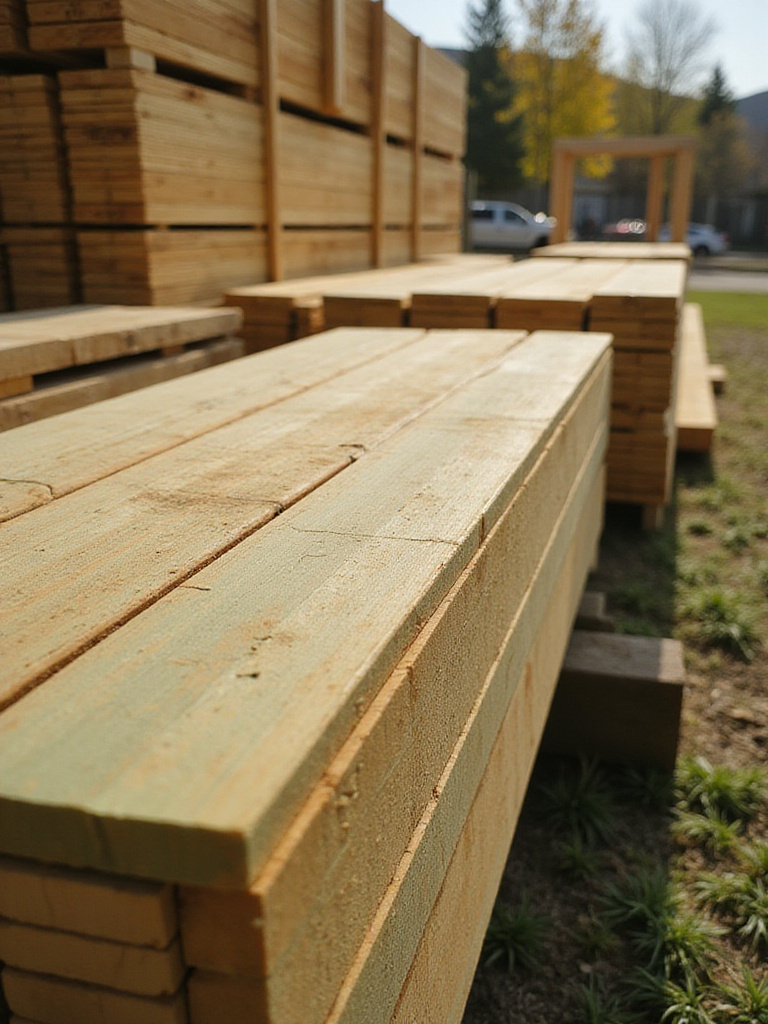 Neatly stacked green pressure-treated lumber boards, ready for deck construction, showcasing durable and cost-effective material.