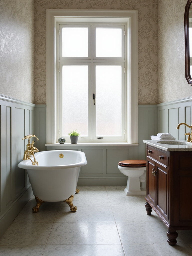 An immaculately designed Victorian traditional bathroom featuring a clawfoot tub, dark wood vanity, and high-cistern toilet, showcasing an authentic and functional period-appropriate layout with excellent spatial flow.