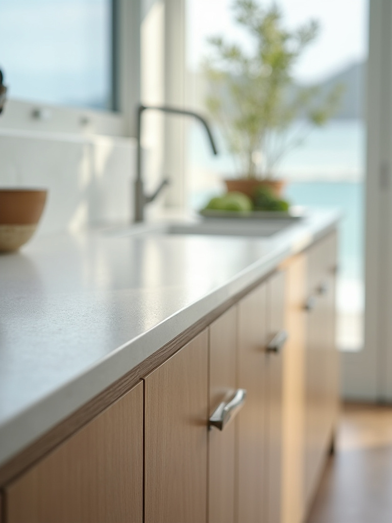 Coastal kitchen cabinet finish resisting humidity, sunlight, and salt air