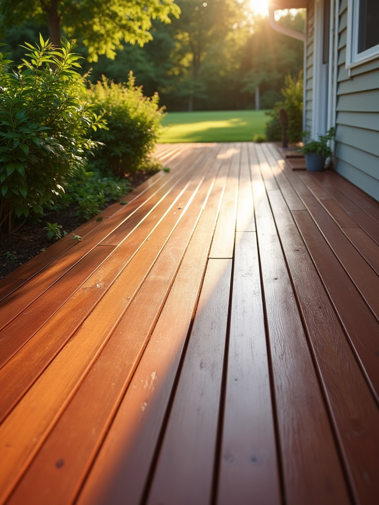 Newly stained outdoor deck in a rich mahogany color, looking refreshed and inviting with green foliage surrounding it, highlighting an affordable deck renovation.