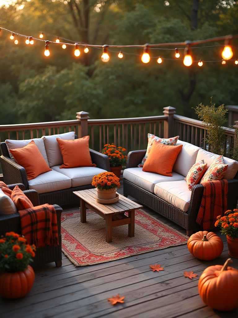 Autumn-themed deck decor featuring plaid throws, pumpkin planters, and string lights, showcasing seasonal outdoor updates.