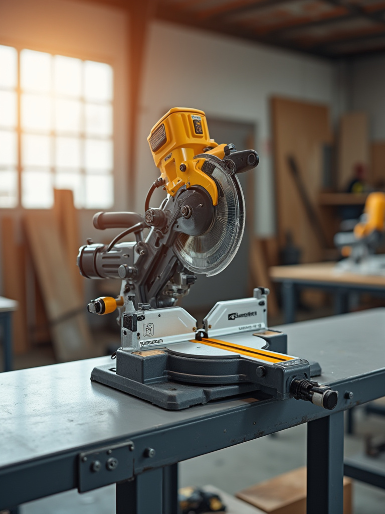 A clean, specialized miter saw and pneumatic nail gun on an industrial workbench in a bright tool rental shop, symbolizing cost-effective tool rental for DIY deck projects.
