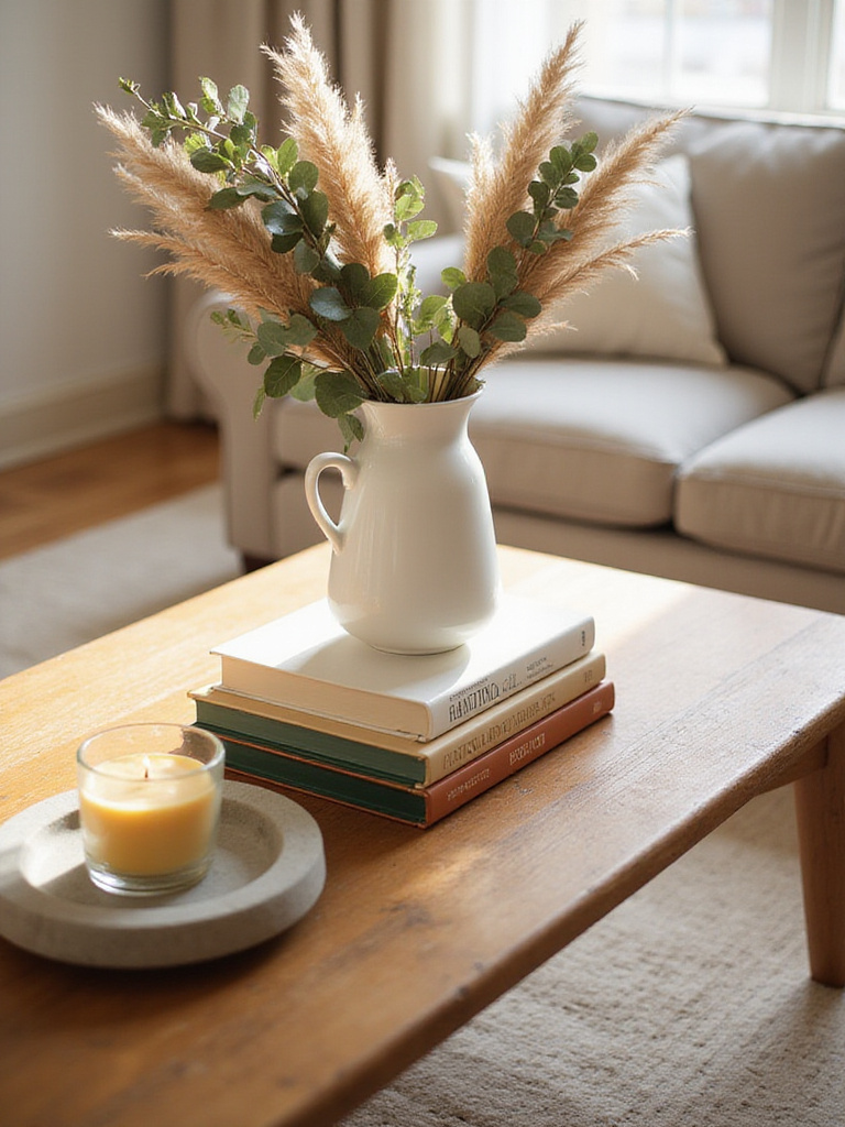 An autumnal styled coffee table with a white vase, pampas grass, decorative books, and a seasonal candle, symbolizing seasonal coffee table decor rotation.