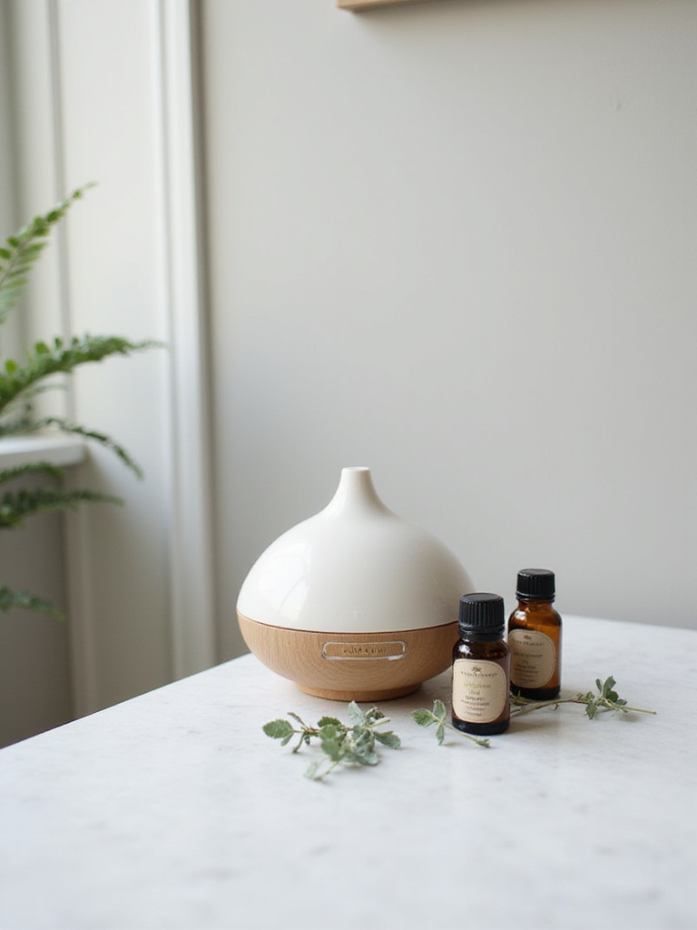 Portrait image of an elegant ceramic essential oil diffuser with amber essential oil bottles and a eucalyptus sprig on a pristine organic bathroom counter, bathed in soft natural lighting.