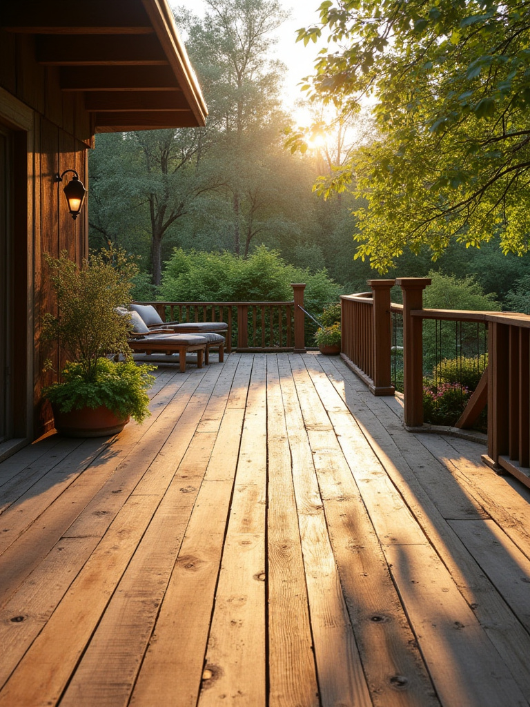 Rustic deck built from reclaimed wood and pallets, showcasing natural weathering, unique textures, and a charming appearance.
