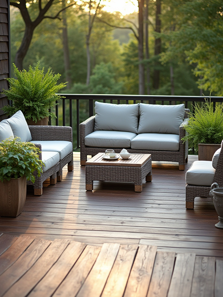 Stylish weather-resistant outdoor sofa with quick-drying cushions and teak coffee table on a wooden deck, perfect for lasting comfort.