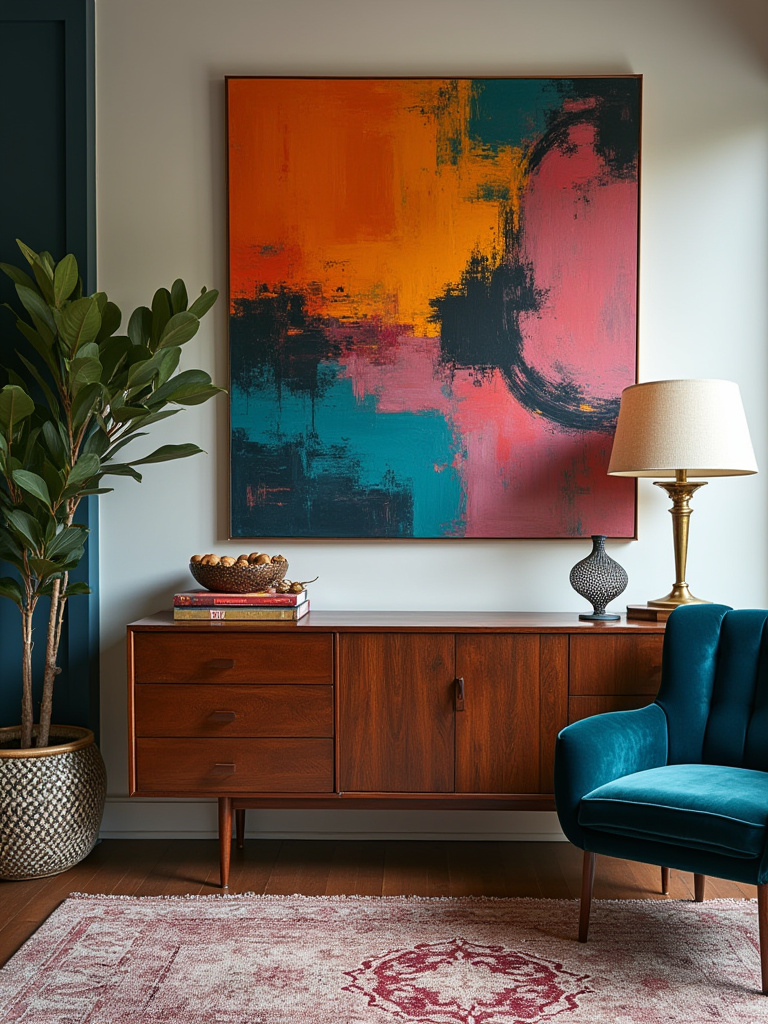 Eclectic living room featuring a vibrant abstract statement art canvas above a mid-century credenza, unifying diverse decor elements and telling a story.