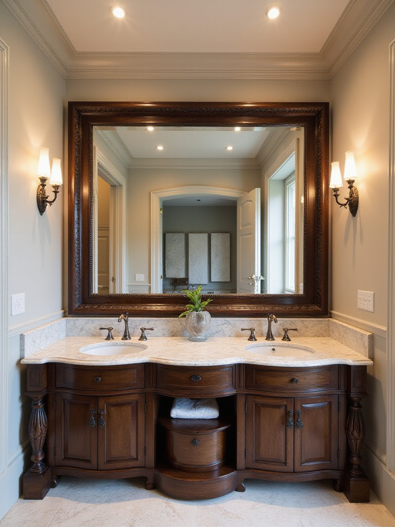 Elegant dark wood framed mirror above a double marble vanity in a traditional bathroom with chrome fixtures and recessed lighting.