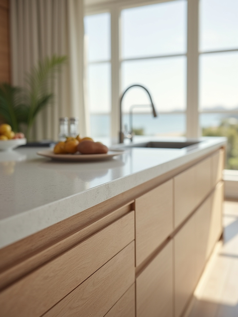 Close-up of marine-grade plywood cabinet material and stainless steel hardware, showcasing durability for coastal kitchens in humid, salty air.