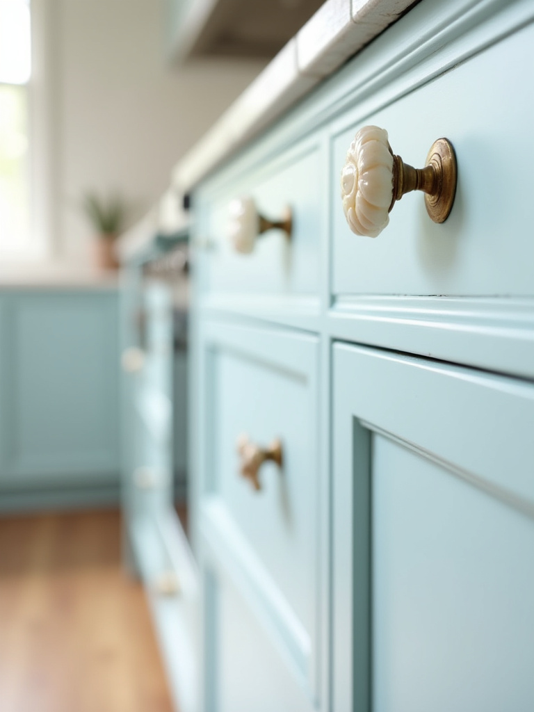 Close-up of coastal kitchen cabinet hardware featuring a weathered brass pull on a white Shaker cabinet and a nautical knob on a blue cabinet, under soft lighting.