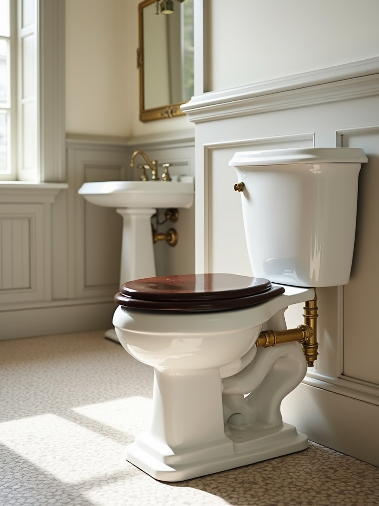 Elegant traditional bathroom featuring a high-tank toilet with polished brass pipes and wooden seat, enhancing period charm with classic design elements.