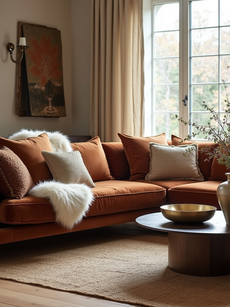 An eclectic living room showcasing a velvet sofa, sheepskin throw, linen pillows, dark wood coffee table, brass decor, and jute rug, emphasizing varied textures and sensory depth.