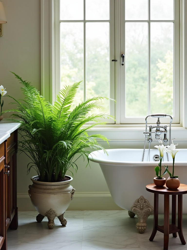 A traditional bathroom with a clawfoot tub and dark wood vanity, featuring lush Boston ferns and peace lilies in elegant ceramic planters, adding organic softness.