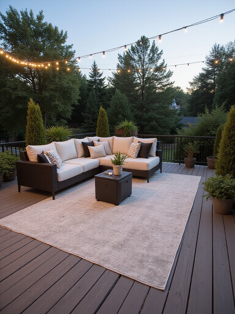 Stylish composite deck with a large patterned outdoor rug defining a cozy lounging zone, featuring a sectional sofa, pillows, and soft evening lighting, showcasing effective outdoor rug placement.