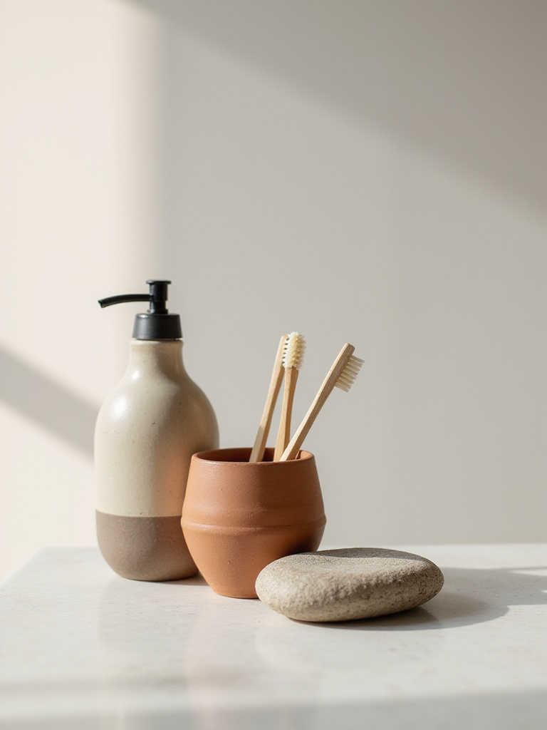 Organic bathroom counter with artisanal ceramic soap dispenser, terracotta toothbrush holder, and river stone soap dish, reflecting sustainable storage choices.