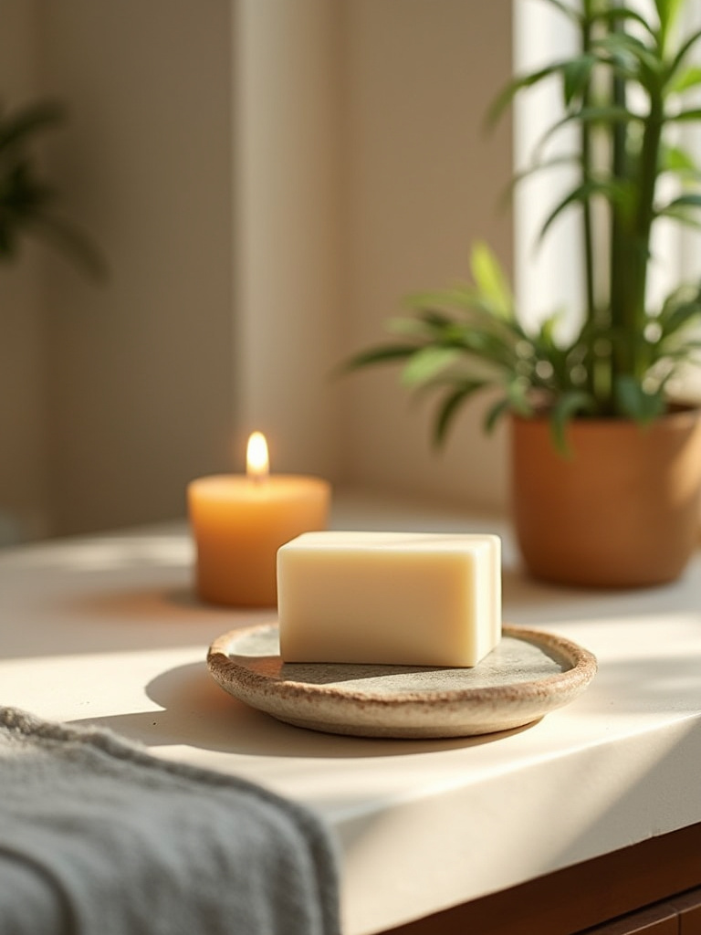 A beautifully arranged organic bathroom counter with natural elements like a ceramic dish, river stone, green plant, and beeswax candle, set in a soft evening light, promoting a non-toxic and serene atmosphere for a circadian rhythmic cleanse.