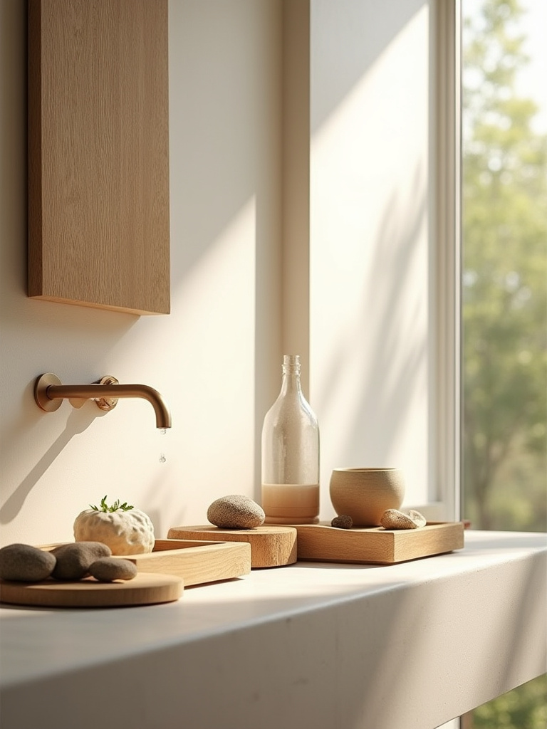 A brightly lit organic bathroom counter bathed in natural light, showcasing ethically sourced wood, stone, and ceramics, with a strategically placed recycled glass carafe diffusing light.