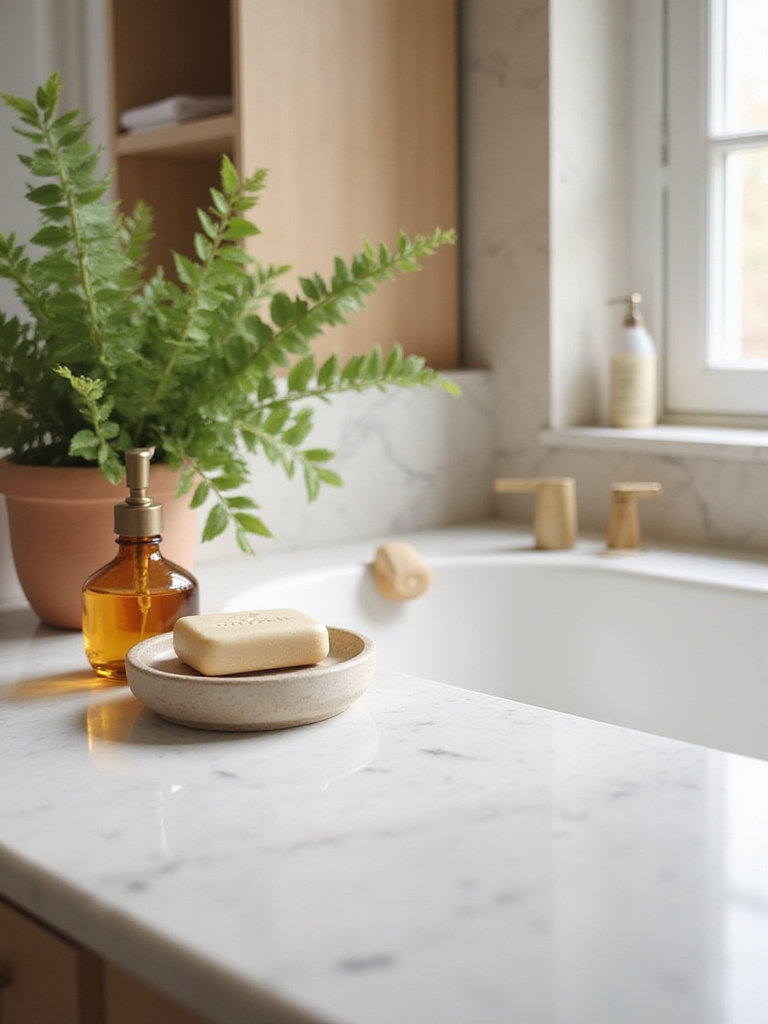 A pristine, minimalist organic bathroom counter with handcrafted ceramic soap dish, amber glass soap dispenser, and a small fern, representing essentialist decluttering.