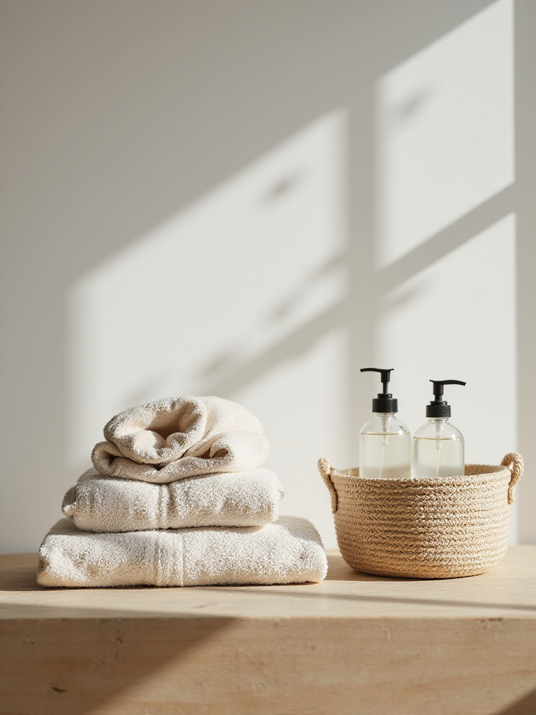 A serene organic bathroom counter displaying soft organic cotton hand towels and a linen washcloth, promoting textural elegance and sustainable design.