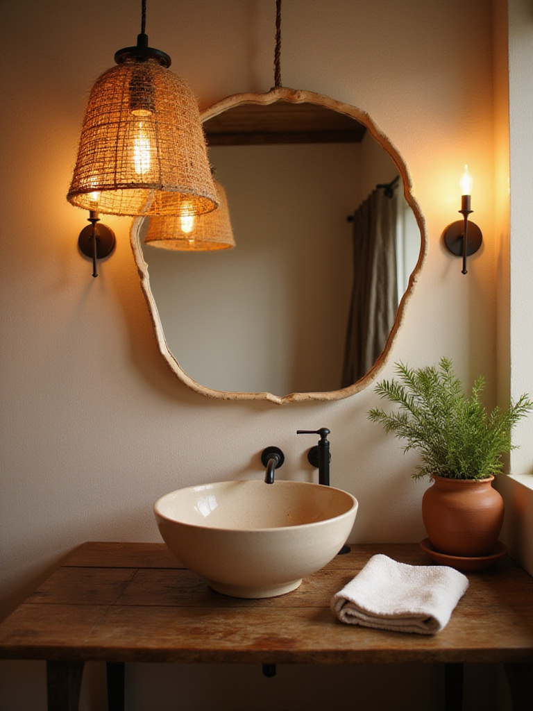 An organic bathroom counter featuring warm ambient and task lighting. Reclaimed wood vanity, ceramic basin, and soft-glowing fixtures create a serene, inviting atmosphere.