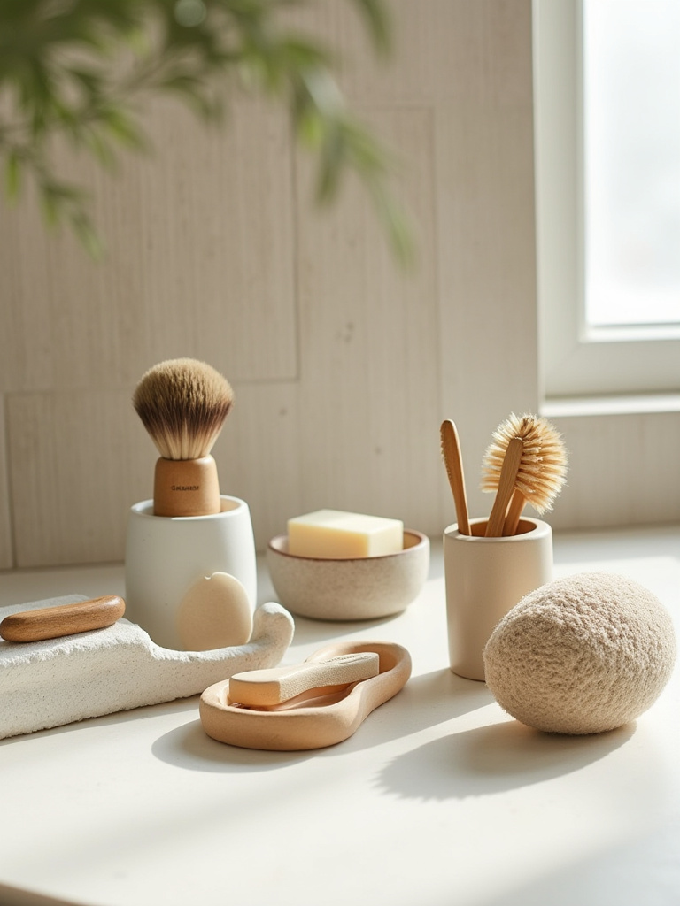 A portrait image of an organic bathroom counter displaying various sustainable grooming tools like wooden brushes, a metal safety razor, a bamboo toothbrush, and natural loofah, bathed in soft natural light.