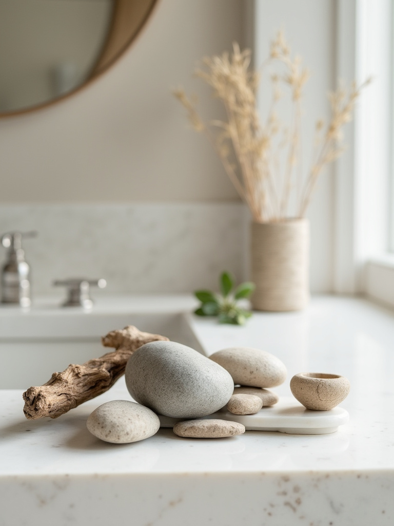 A close-up, organic bathroom counter setup featuring smooth grey river stones, a piece of driftwood, and an unglazed pottery shard on a polished marble tray, all bathed in soft natural light.