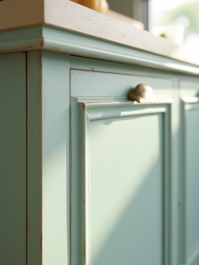 Close-up of a seafoam green shaker cabinet door in a coastal kitchen, showing a subtle glaze that adds depth and a weathered effect to the panel details.