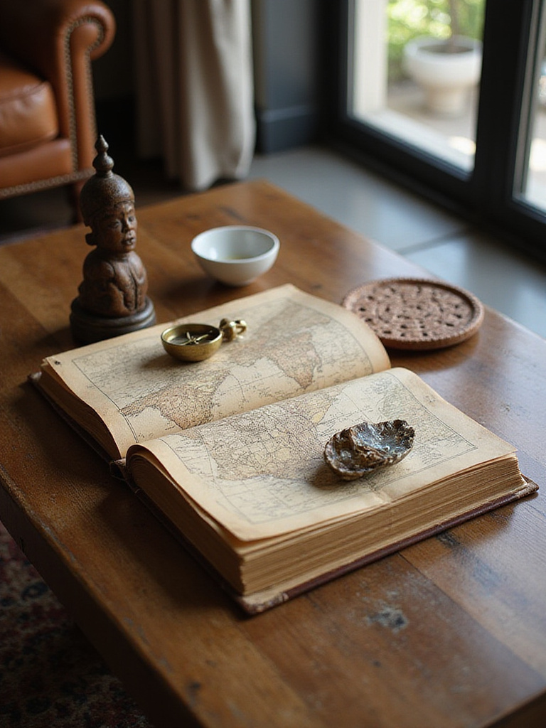 A coffee table styled with travel-inspired decorative objects, including a wooden sculpture, a vintage compass, and an open travelogue, expressing personalized decor in a living room.