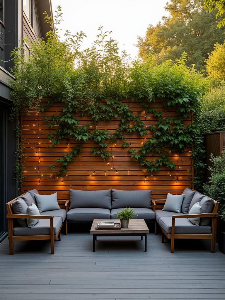 A tall wooden privacy screen with climbing green jasmine plants creating seclusion on a modern composite deck, featuring subtle string lights and contemporary outdoor furniture.