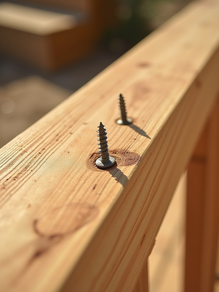 Close-up of two exterior-grade deck screws securing a pressure-treated deck board to a wooden joist, demonstrating simple face-screwing deck fastening.