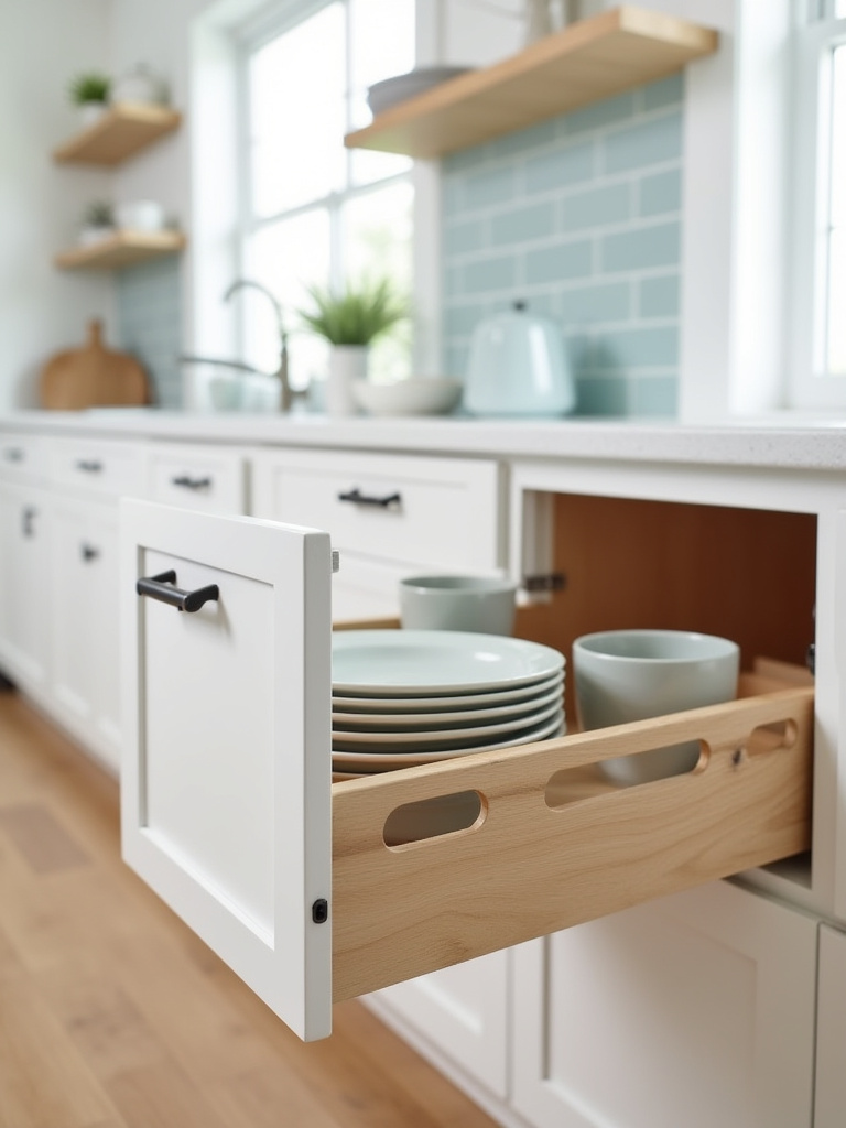 A clean coastal kitchen with an open base cabinet drawer, displaying an organized collection of white ceramic dishes and light wood dividers, emphasizing efficient storage.