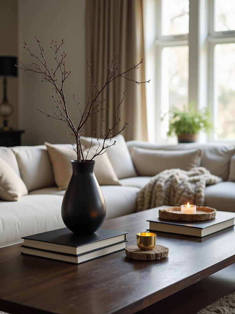 A thoughtfully styled coffee table featuring a harmonious mix of textures and heights, including a stack of books, a tall ceramic vase with a branch, a stone coaster, and a metal tealight holder, set within a bright living room.