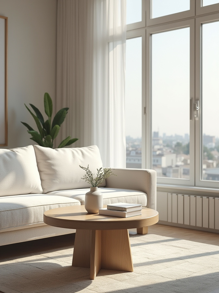 A modern living room showing a perfectly proportioned coffee table height relative to a sofa, ensuring seamless seating integration and ergonomic comfort.