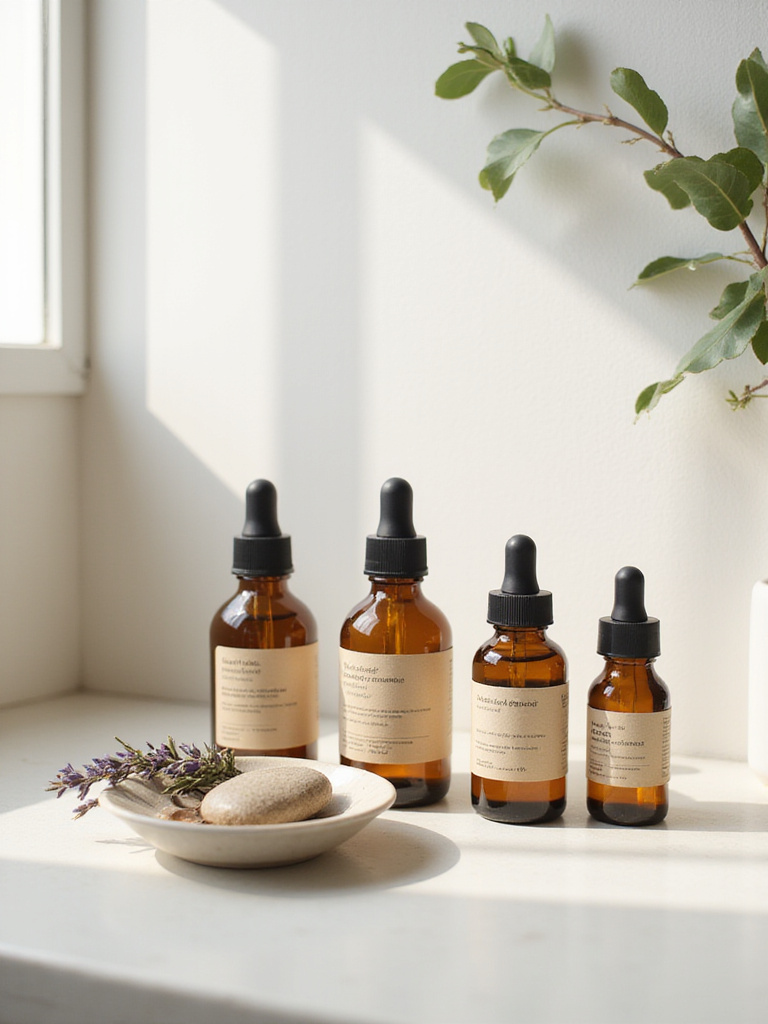 Apothecary-inspired elixirs on an organic bathroom counter with amber glass bottles, botanicals, and a ceramic dish, representing conscious personal care choices.