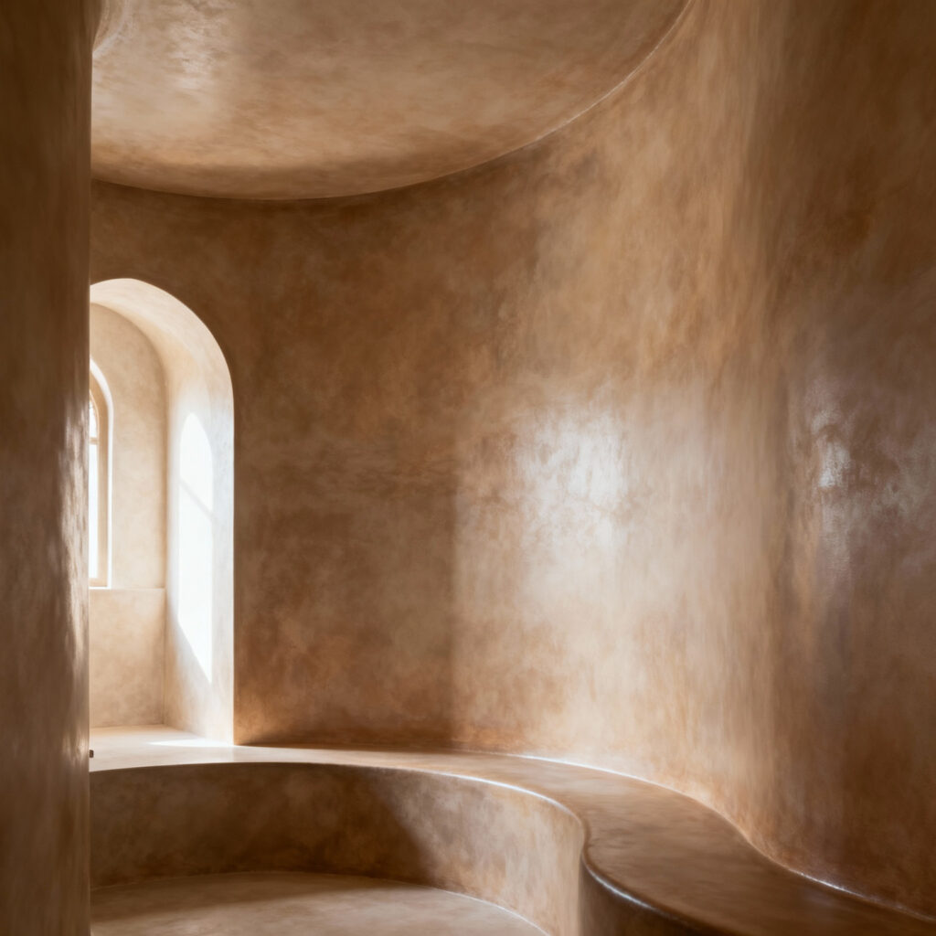 A seamless, curved Tadelakt wall with a subtle, earthy sheen in a tranquil Moroccan bathroom, illuminated by soft natural light.