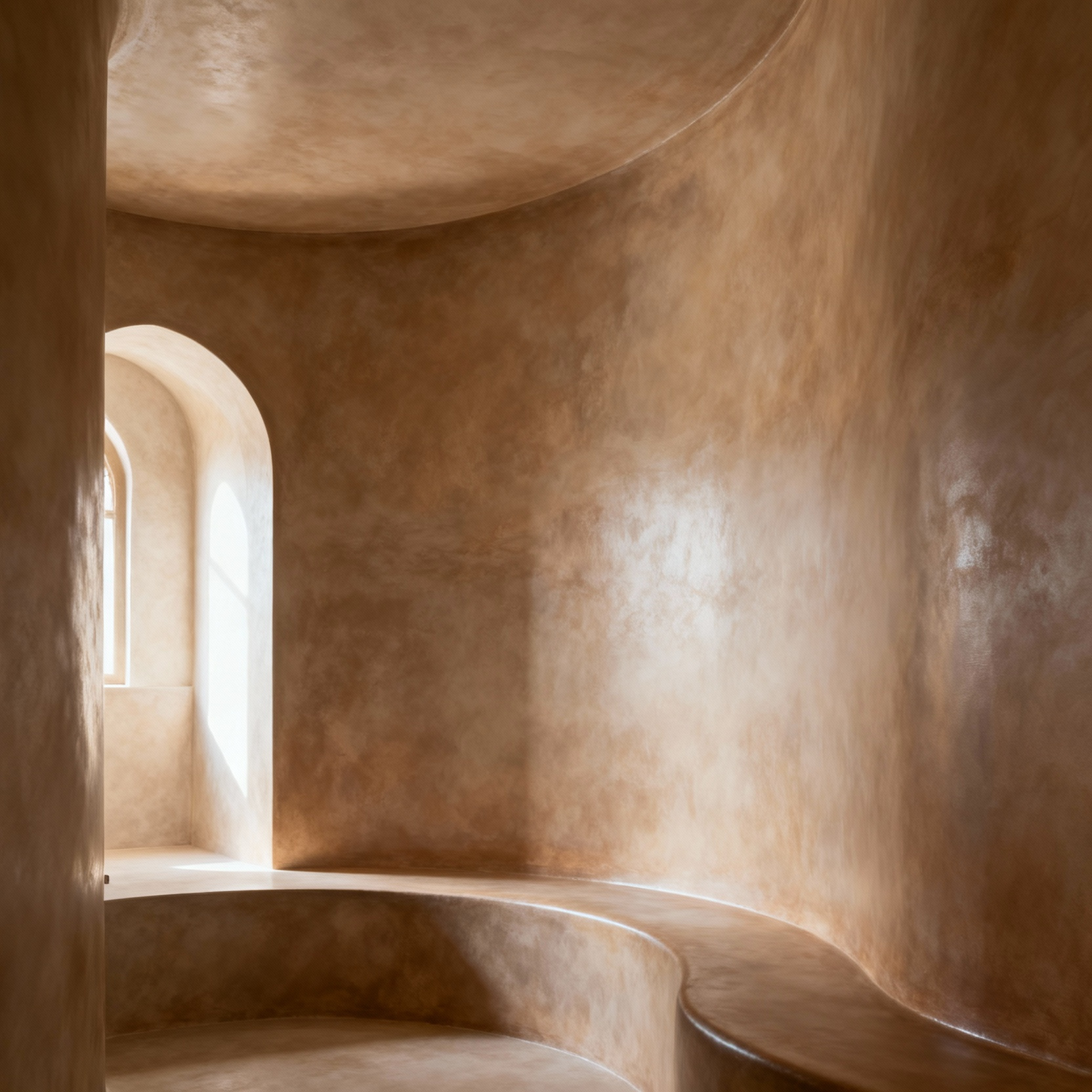 A seamless, curved Tadelakt wall with a subtle, earthy sheen in a tranquil Moroccan bathroom, illuminated by soft natural light.