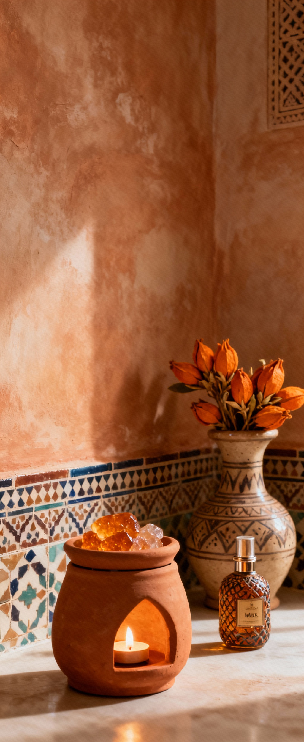 Moroccan bathroom scents, amber resin burner, orange blossoms in ceramic bowl, musk essence bottle, authentic Moroccan decor, luxury fragrance
