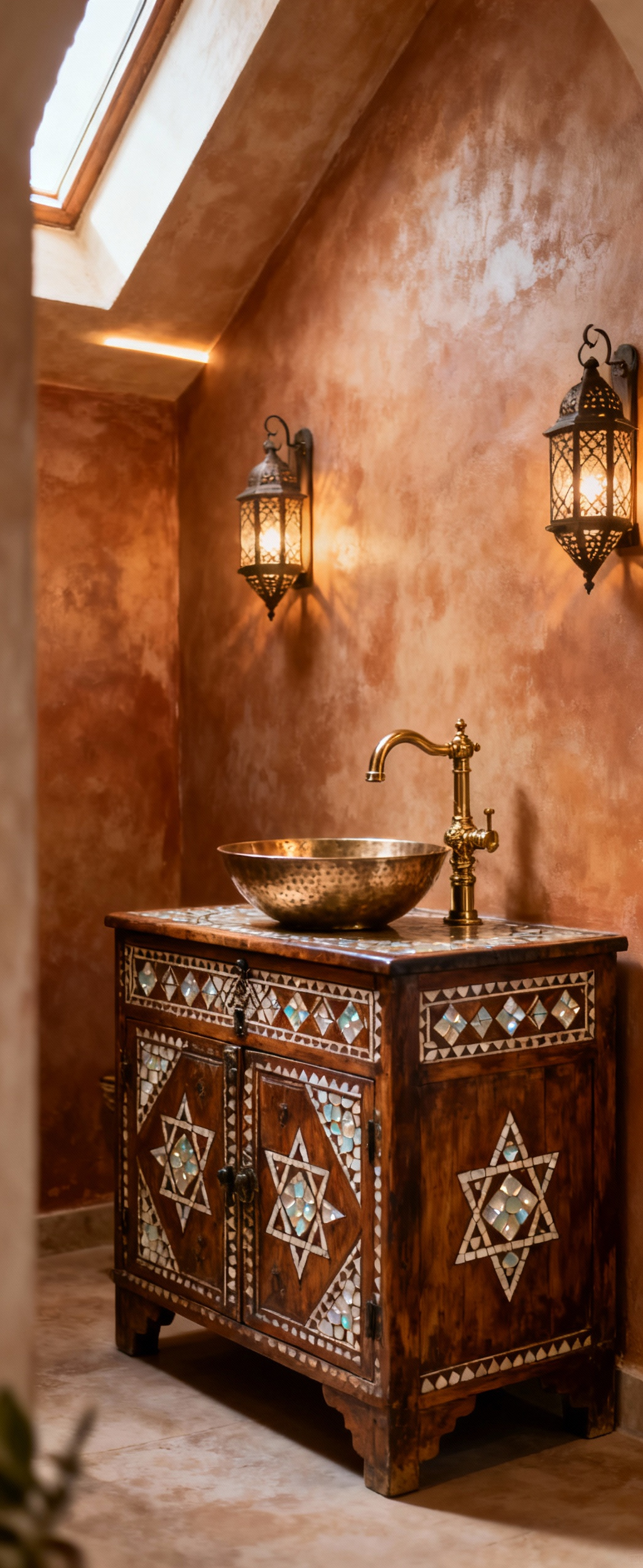 A luxurious Moroccan bathroom vanity repurposed from an antique Syrian bridal chest with a brass basin and Tadelakt walls.