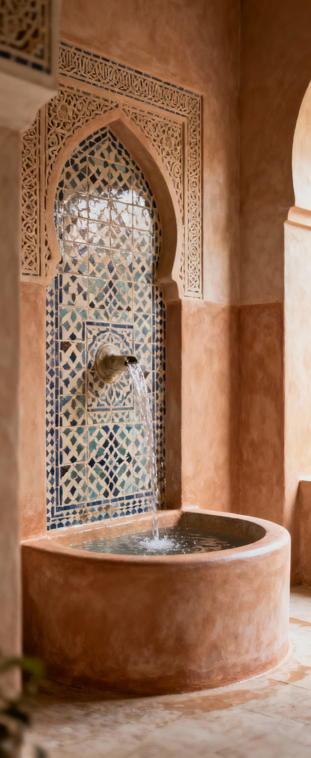 Moroccan bathroom interior featuring a beautifully designed zellige wall fountain with gentle flowing water, set against warm Tadelakt walls, illustrating tranquil soundscaping.