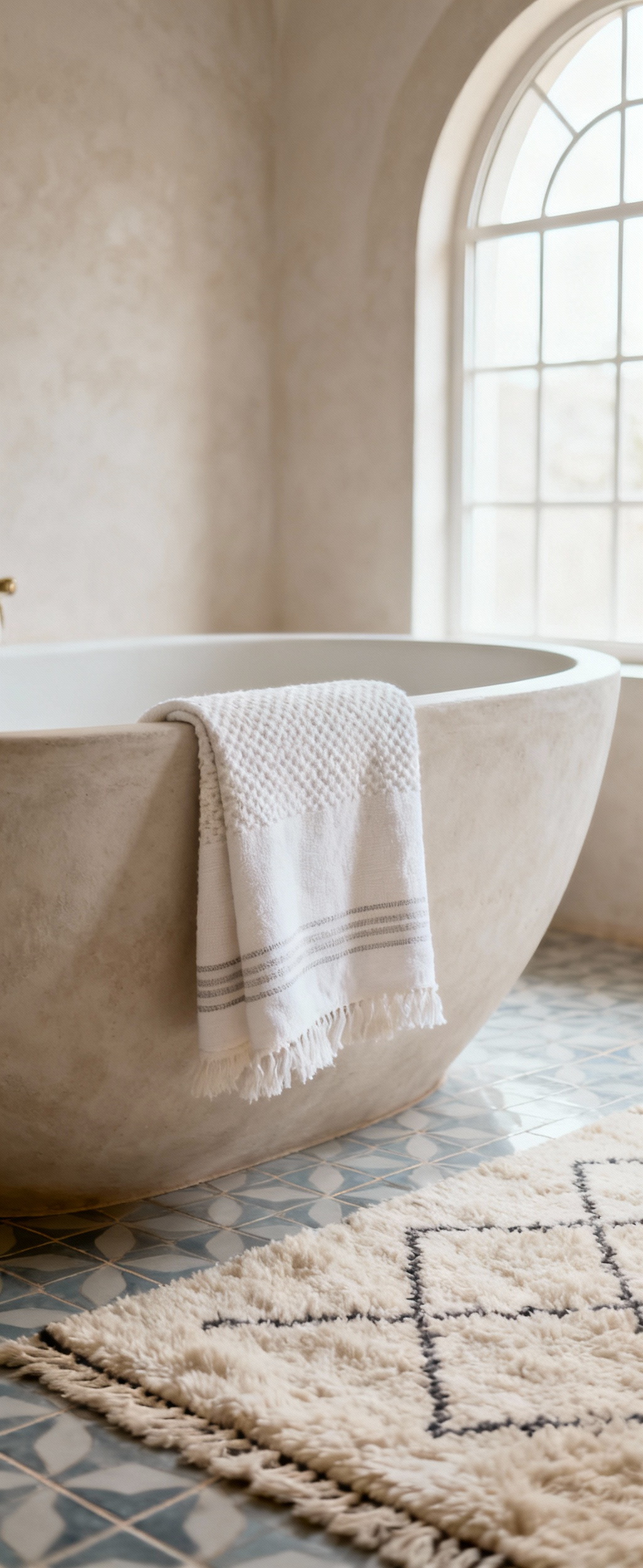 Luxurious off-white Fouta draped over a Tadelakt tub and a plush Beni Ourain Berber rug on Zellige floor in a Moroccan bathroom, highlighting tactile textures.