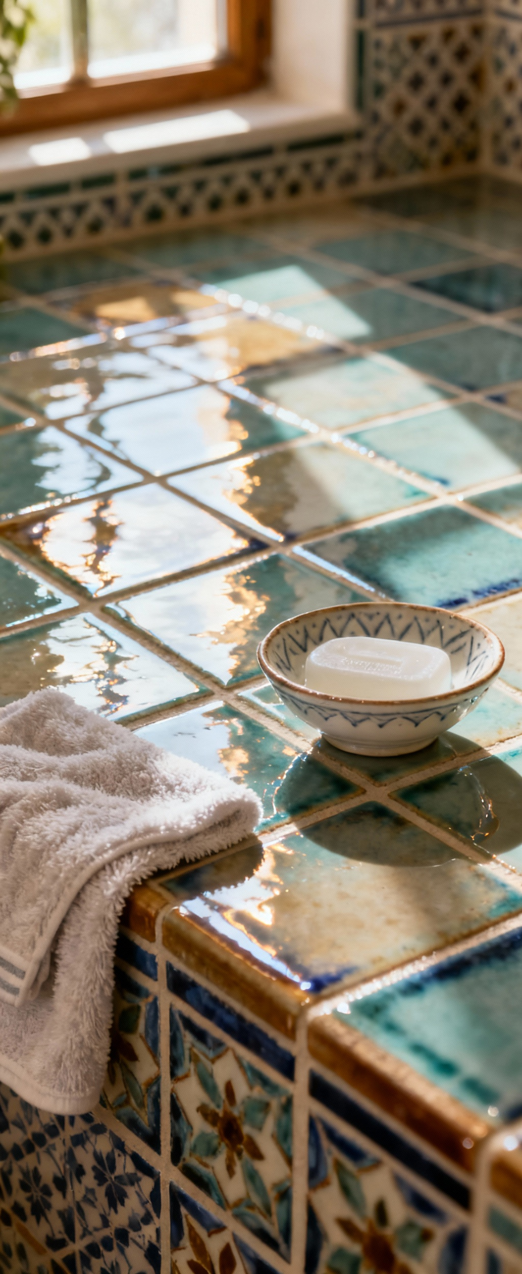 Close-up of sparkling, well-maintained Moroccan zellige tiles and grout with a soft cleaning cloth and ceramic bowl in a bathroom, highlighting the preservation of specialized finishes.