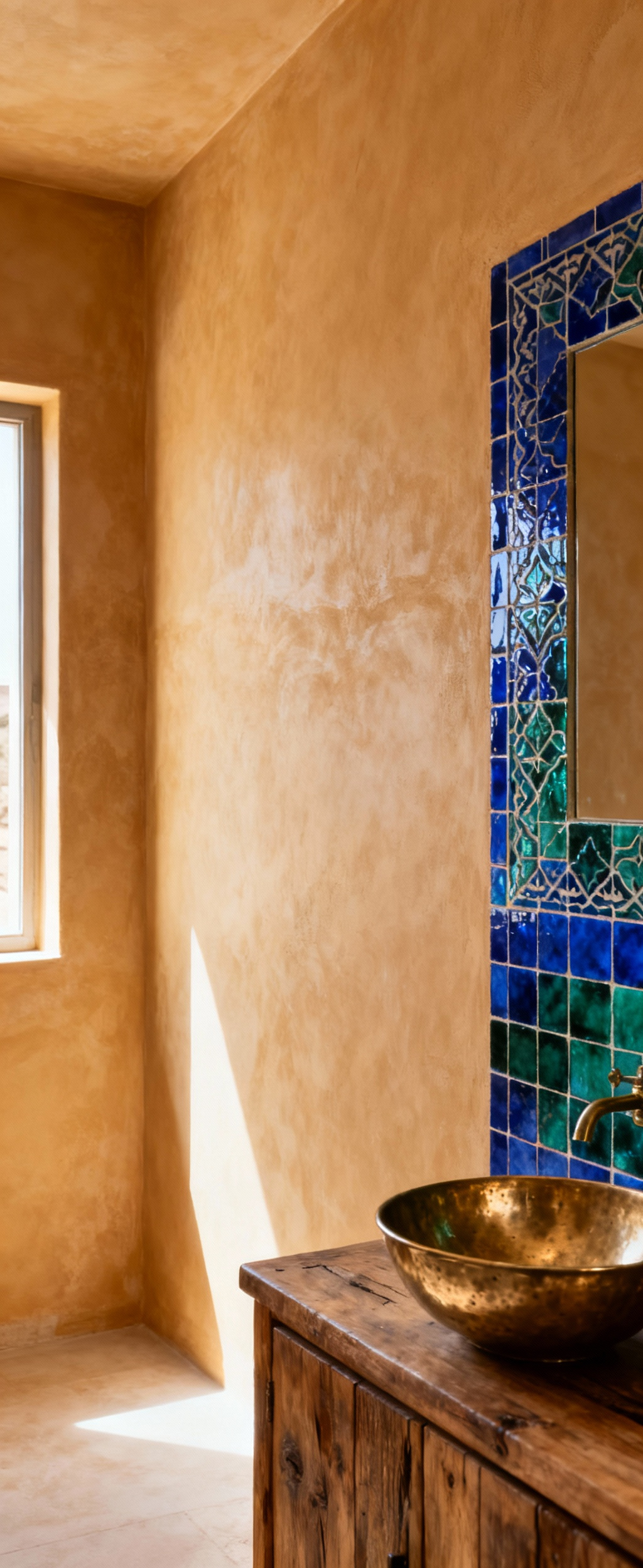 A beautifully curated Moroccan bathroom corner featuring sandy ochre Tadelakt walls, a cobalt blue and emerald green zellige mosaic accent, and a hammered brass sink on a wooden vanity, showcasing a rich desert and jewel-toned color palette.