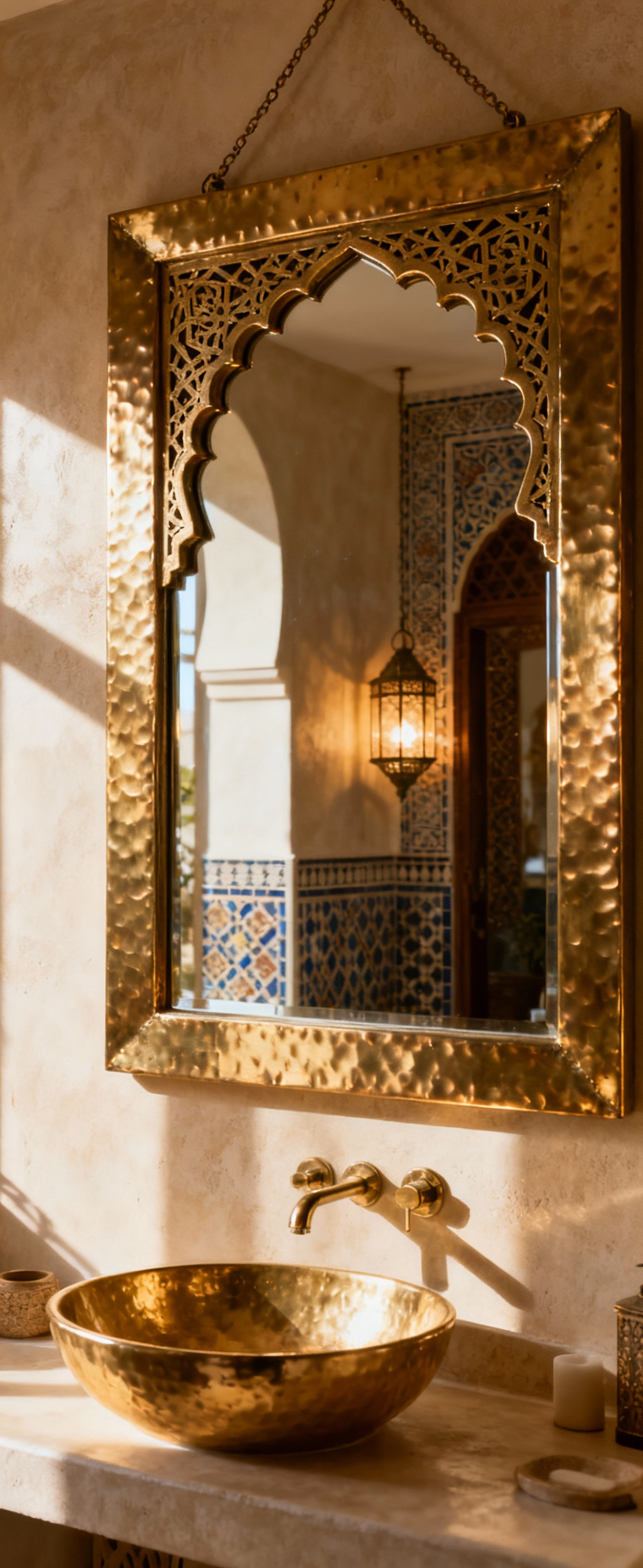 Large ornate Moroccan mirror with hand-hammered brass frame and Moorish arch motifs above a Tadelakt vanity in a luxurious bathroom, reflecting soft light and intricate Zellige tiles.