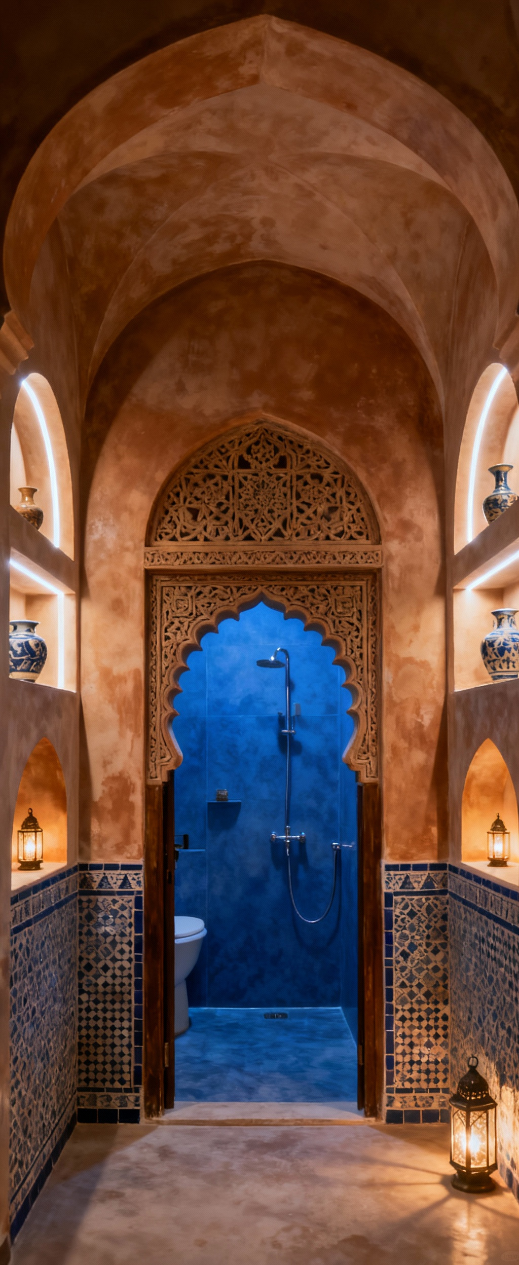 Moroccan bathroom featuring a prominent horseshoe arch and decorative niches, Tadelakt walls, and soft ambient lighting.