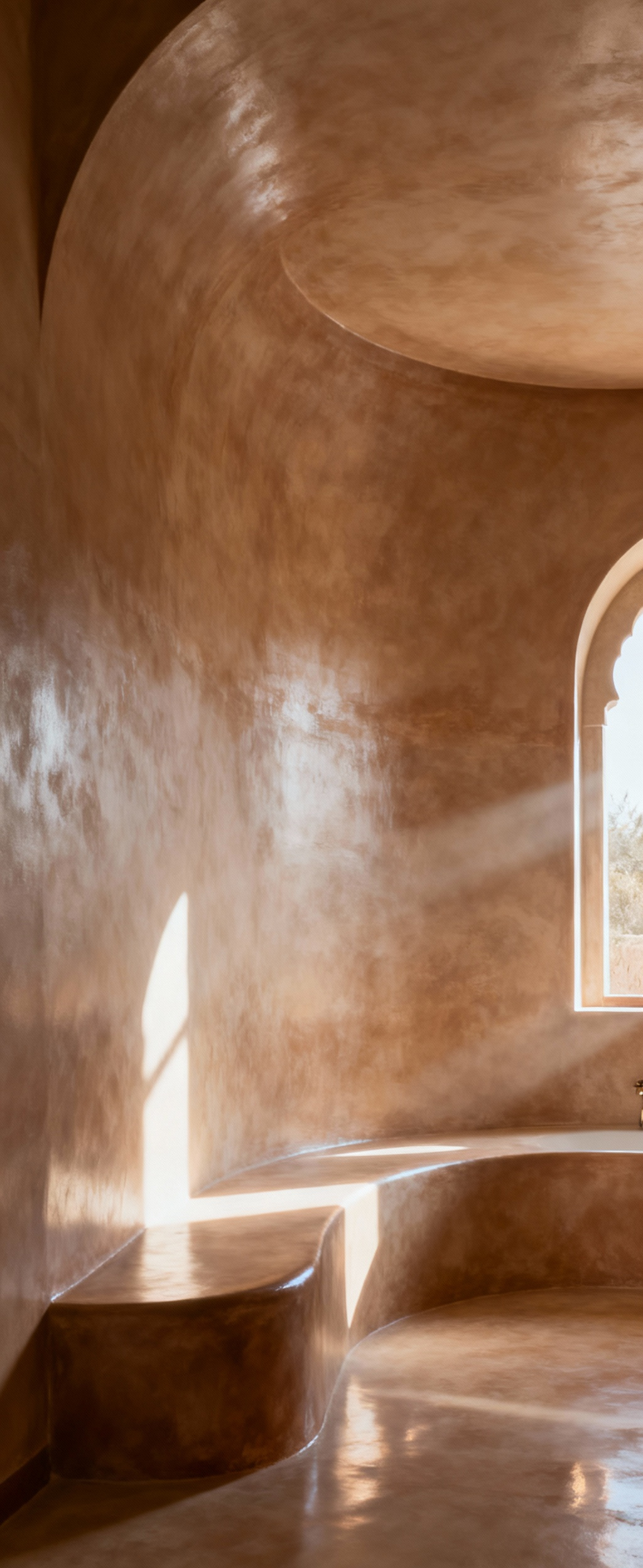 A seamless, curved Tadelakt wall with a subtle, earthy sheen in a tranquil Moroccan bathroom, illuminated by soft natural light.