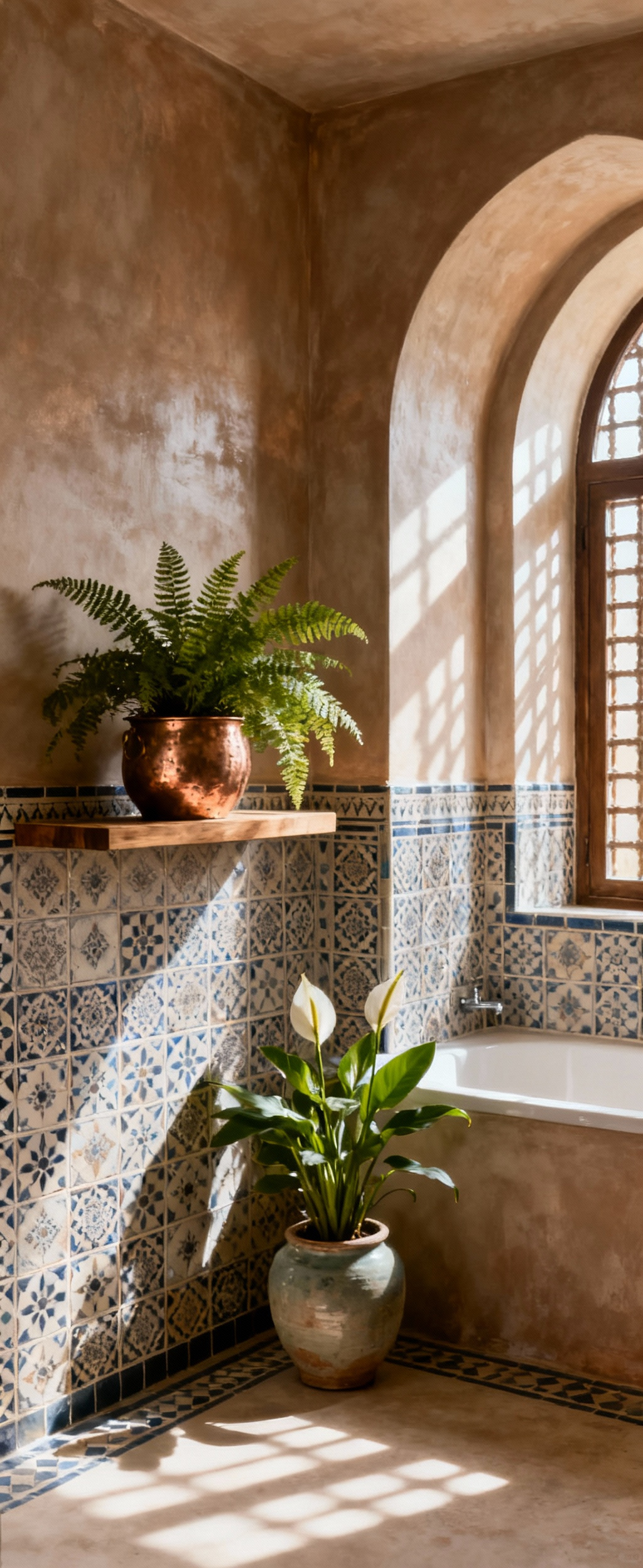 Lush Maidenhair fern and peace lily in artisan Moroccan planters softening Zellige tiles and Tadelakt walls in a luxurious Moroccan bathroom.