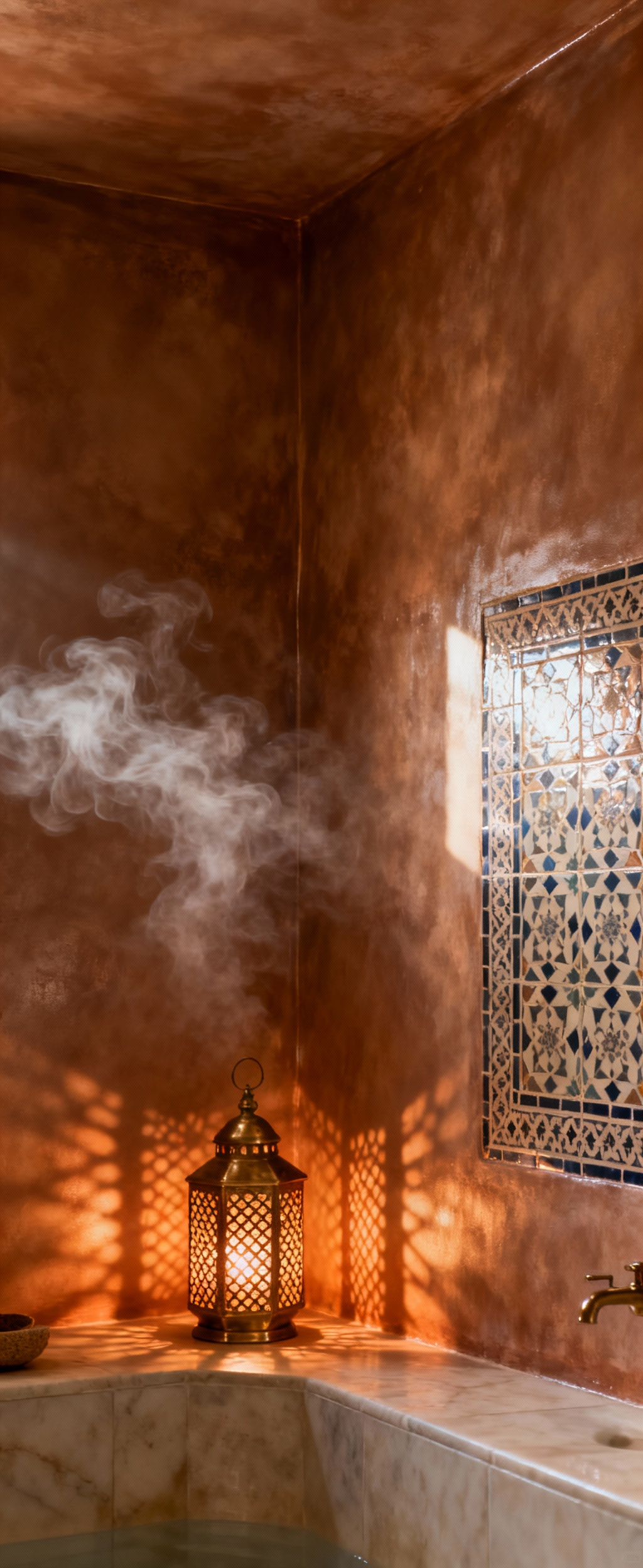 Moroccan bathroom interior with Tadelakt walls, zellige patterns, steam, and ambient lighting, embodying the Hammam philosophy of mindful rituals and wellness.
