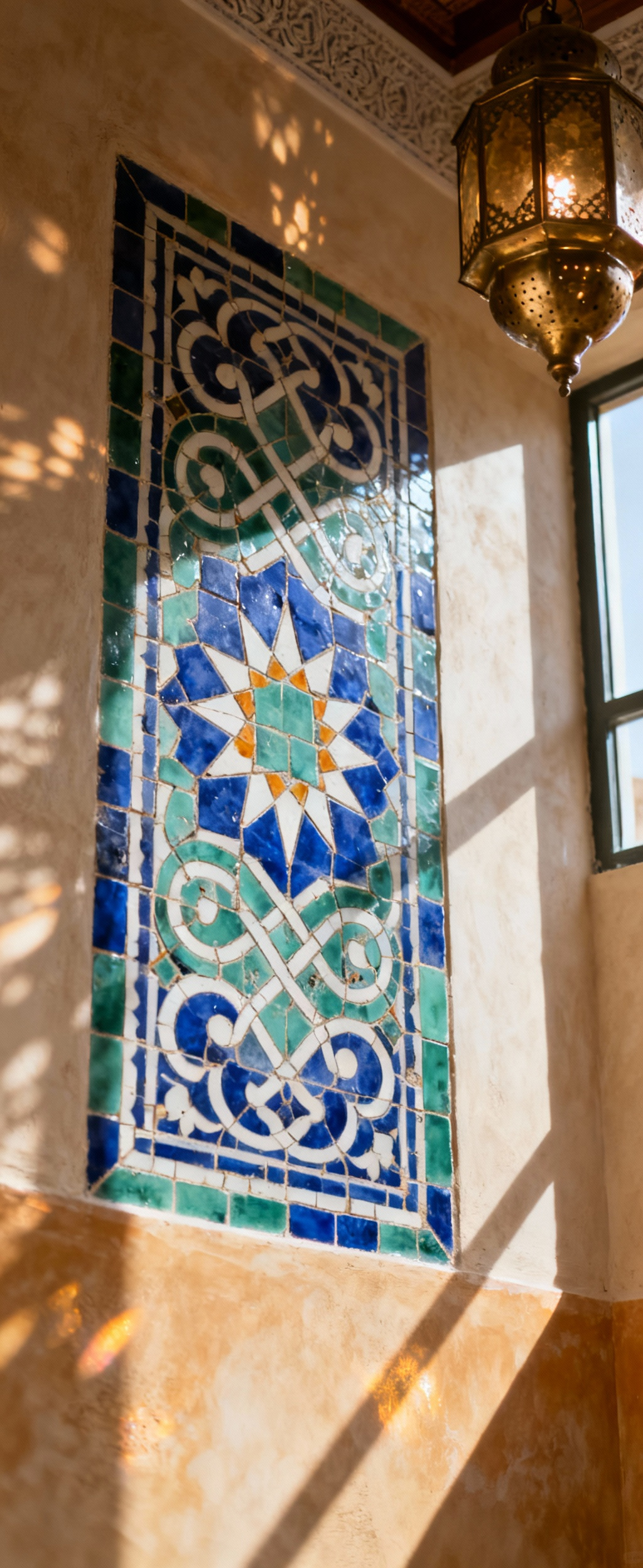 A detailed portrait view of an authentic Moroccan bathroom wall featuring a handcrafted zellige mosaic with an eight-pointed star and Tadelakt plaster, lit by a brass lantern.