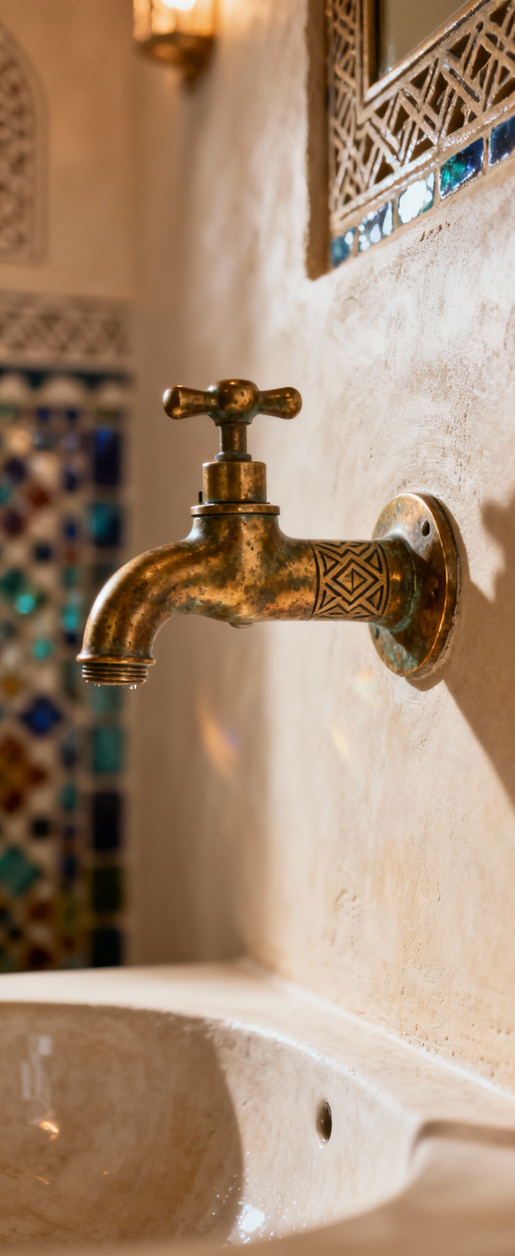 Handcrafted, patinated bespoke brass faucet on a Tadelakt wall in a luxurious Moroccan bathroom.